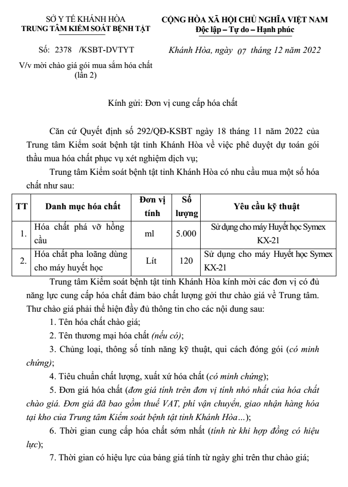 Mời chào giá gói mua sắm hóa chất (lần 2)